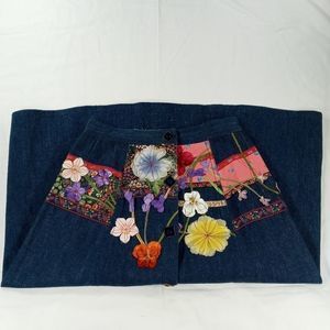 Vintage denim floral applique patchwork skirt size 10 velvet silk flowers cotton